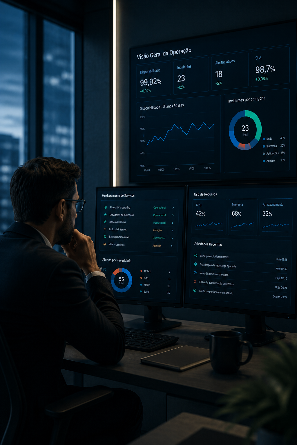 Executivo analisando dashboard de operação de TI com métricas em tempo real
